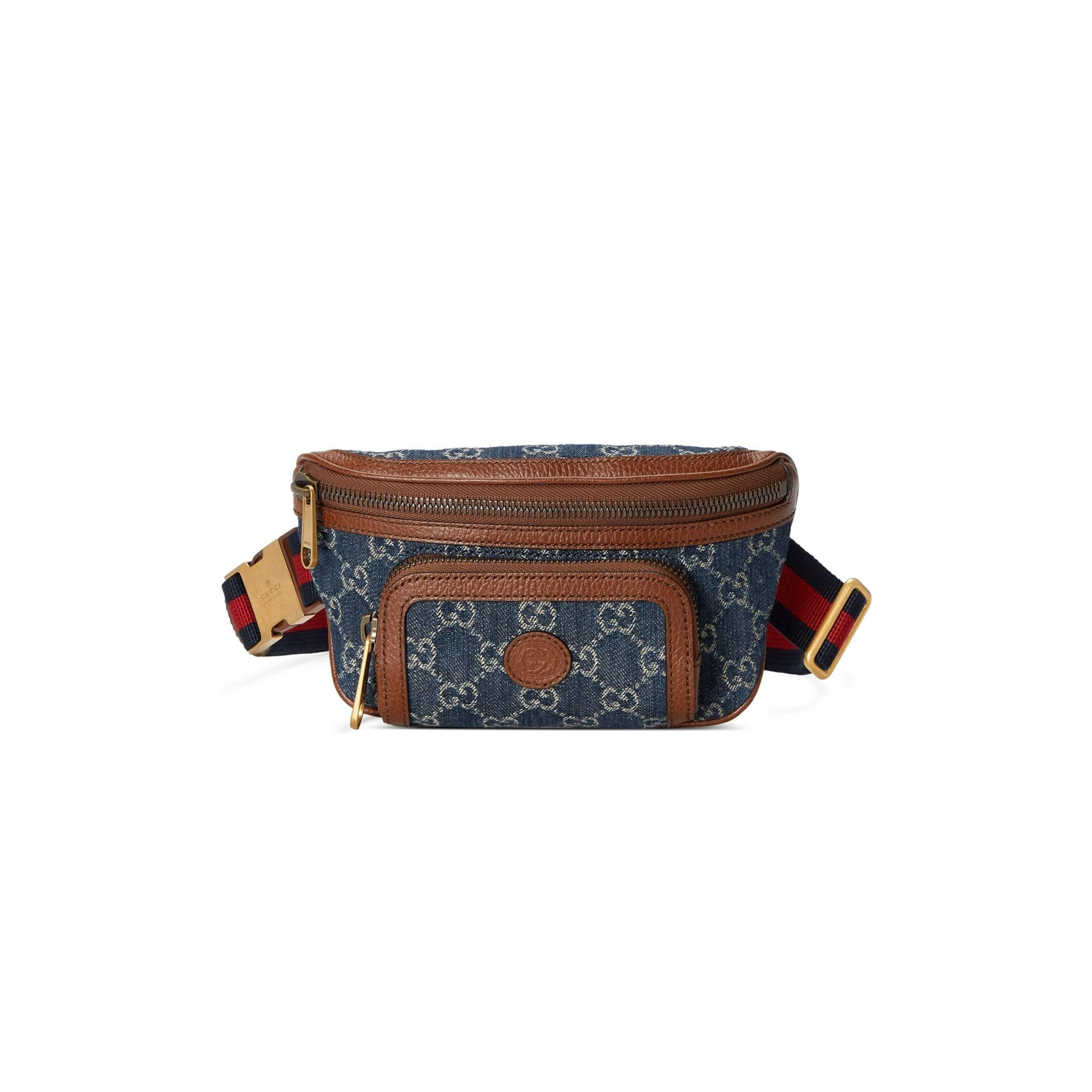 GUCCI DENIM EMBROIDERED PATCHWORK WITH LEATHER TRIM FANNY PACK BLUE 682933 (23*12*2.5cm)